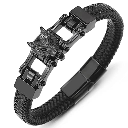 COOLSTEELANDBEYOND Edelstahl Schwarz Wolfskopf Fahrradkette Motorrad Motorradkette Geflochtenes Leder-Armband Armreif für Herren von COOLSTEELANDBEYOND