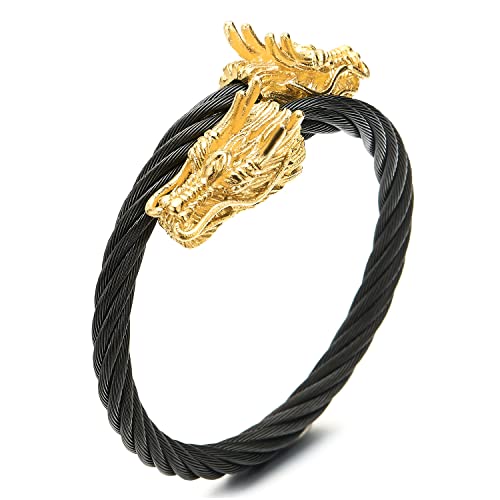 COOLSTEELANDBEYOND Edelstahl Verdrehten Schwarz Stahlkabel Manschetten Armband mit Goldfarben Drachen Elastische Verstellbare Armreif von COOLSTEELANDBEYOND