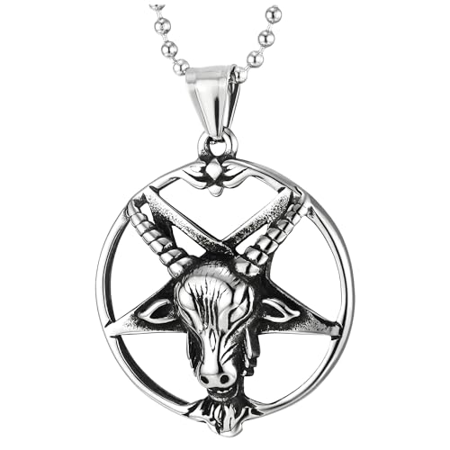 COOLSTEELANDBEYOND Edelstahl Vintage Kreis Stern Baphomet Satan Ziegen Kopf Anhänger Halskette, Herren, mit 75cm Kette von COOLSTEELANDBEYOND
