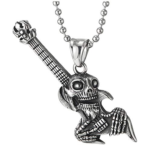 COOLSTEELANDBEYOND Edelstahl Vintage Rock and Roll Punk Gitarren Alien Schädel Anhänger Halskette für Herren, 75cm Stahl Kugelkette von COOLSTEELANDBEYOND