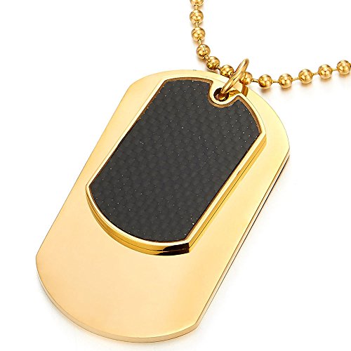 COOLSTEELANDBEYOND Edelstahlkette Zwei Stücke Goldfarben Herren Dog Tag Anhänger mit Kohlefaser und 75cm Stahl Kugelkette von COOLSTEELANDBEYOND
