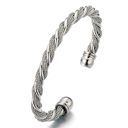 COOLSTEELANDBEYOND Elastische Verstellbare-Edelstahl Armband für Herren Damen Verdrehten Stahlkabel Armreif Farbe Silber Poliert von COOLSTEELANDBEYOND