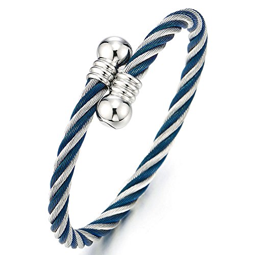 COOLSTEELANDBEYOND Elastische Verstellbare Edelstahl Herren-Armband Damen-Armband Verdrehten Stahlkabel Armreif, Silber Blau Zweifarbig von COOLSTEELANDBEYOND