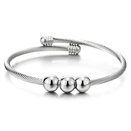 COOLSTEELANDBEYOND Elastische Verstellbare-Edelstahl Poliert Ball Chaîne de Perles Stahlkabel Armband Armreif für Damen, Verdrehten von COOLSTEELANDBEYOND
