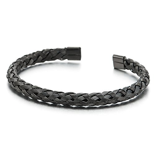 COOLSTEELANDBEYOND Elastische Verstellbare-Edelstahl Schwarz Geflochtene Verflochtenen Stahlkabel Armband Herren Damen, Armreif Poliert von COOLSTEELANDBEYOND