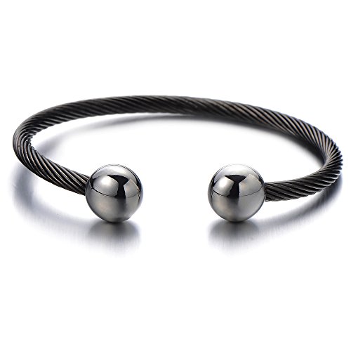 COOLSTEELANDBEYOND Elastische Verstellbare-Herren Armband aus Edelstahl Verdrehten Stahlkabel Armreif Silber Schwarz Zwei Töne Poliert von COOLSTEELANDBEYOND