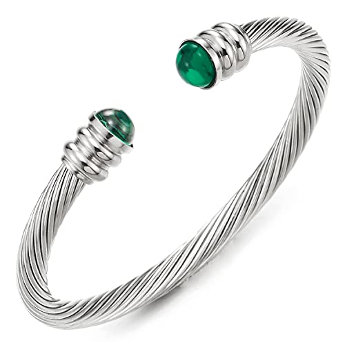 COOLSTEELANDBEYOND Elastische Verstellbare Klassische Edelstahl Herren Damen Armband Verdrehten Stahlkabel Armreif mit Grün Perlen von COOLSTEELANDBEYOND