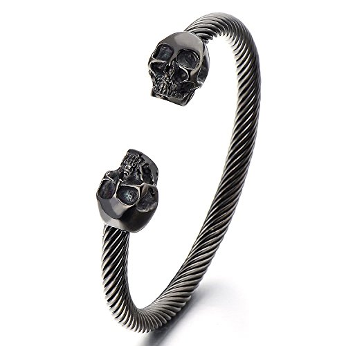 COOLSTEELANDBEYOND Elastische Verstellbare Schwarz Schädel Herren Armband Edelstahl Verdrehten Stahlkabel Armreif Poliert von COOLSTEELANDBEYOND