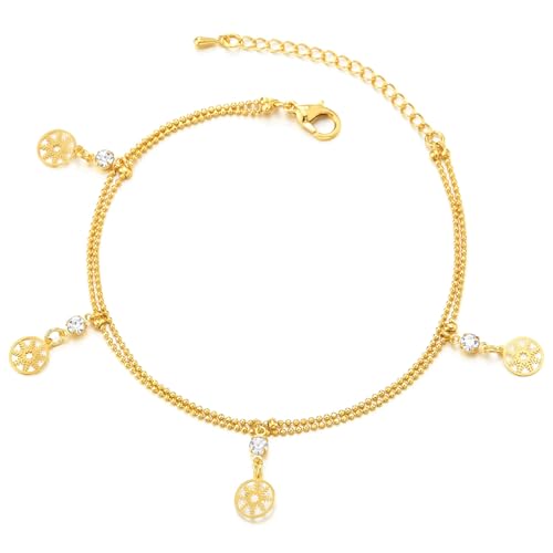 COOLSTEELANDBEYOND Elegante Gold-Fußkette für Damen mit Kristallakzenten und Filigranen Scheibenanhängern von COOLSTEELANDBEYOND