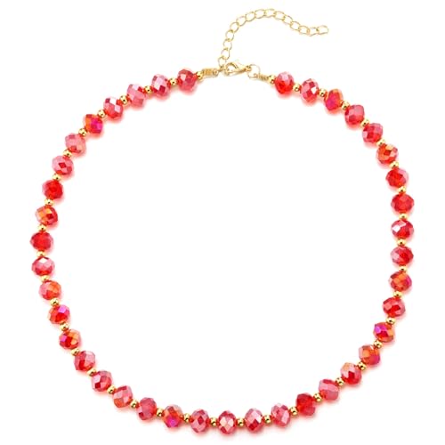 COOLSTEELANDBEYOND Elegante Rot Kristall Perlen Halskette, Facettiert Runder Wulst, Halsband Halskette Statement Halskette, Abendkleid von COOLSTEELANDBEYOND