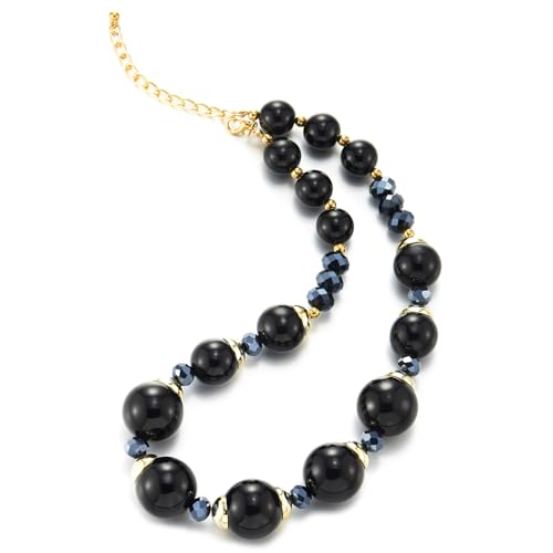 COOLSTEELANDBEYOND Elegante Schwarze Perlen-Statement-Kette Große Glänzende Perlen mit Blauen Kristallen und Goldakzenten von COOLSTEELANDBEYOND