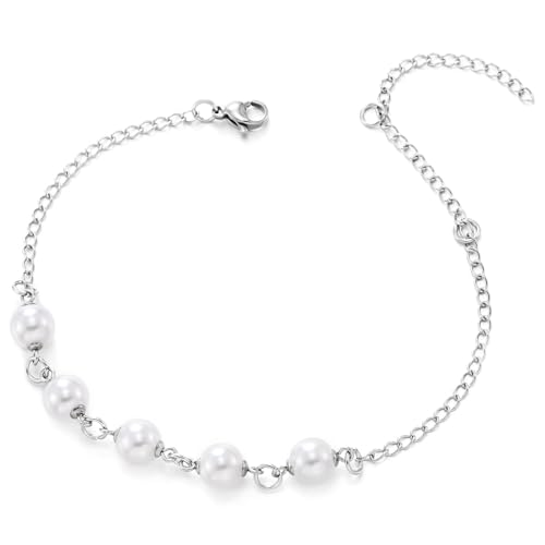 COOLSTEELANDBEYOND Elegante Silberkettchen-Fußkette für Damen mit Weißen Perlen – Verstellbar, Zartes Fußschmuckstück von COOLSTEELANDBEYOND