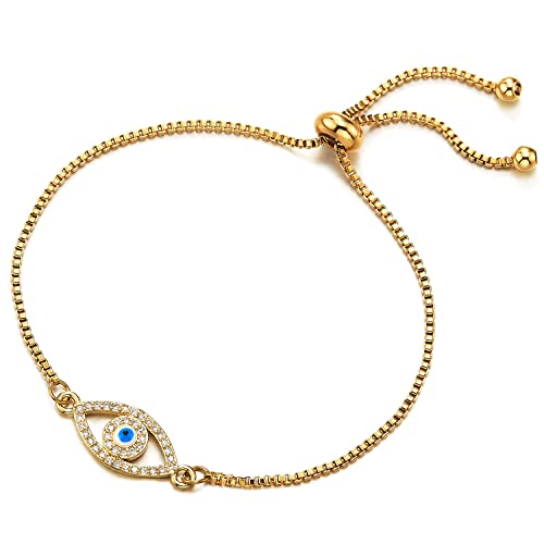 COOLSTEELANDBEYOND Exquisiten Stil Damen Gold Edelstahl Gliederkette Armband mit Zirkonia Schutzes Bösen Blick, Verstellbare von COOLSTEELANDBEYOND