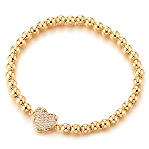 COOLSTEELANDBEYOND Exquisiten Stil Gold Wulst Gliederarmband Damen Mädchen Armband mit Zirkonia Herz Charm, Poliert von COOLSTEELANDBEYOND