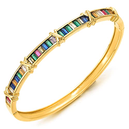 COOLSTEELANDBEYOND Exquisites Goldfarbenes X Knoten Armreif Armband für Damen, mit Regenbogen Farbenen Kubischen Zirkonia von COOLSTEELANDBEYOND