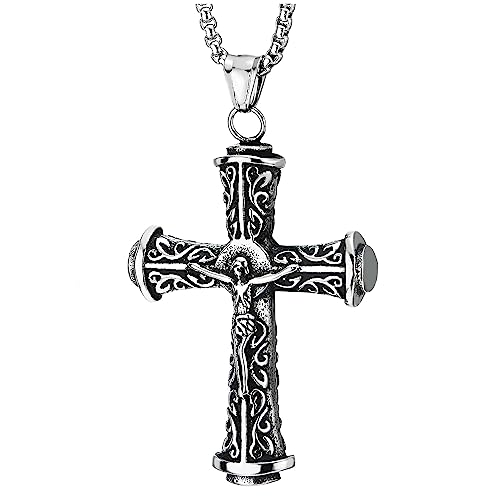COOLSTEELANDBEYOND Filigran Kruzifix Kreuz Jesus Christus Anhänger Halskette für Herren, Edelstahl Vintage, mit 75CM Weizen-Kette von COOLSTEELANDBEYOND