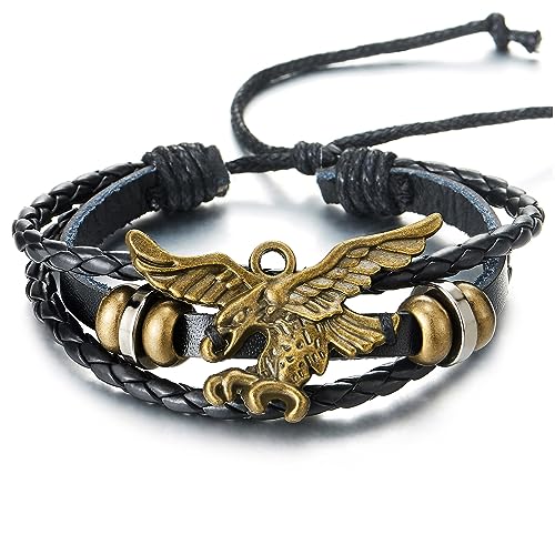 COOLSTEELANDBEYOND Fliegende Adler Schwarz Geflochtenes Leder Armband Multi-Strang Leder Wickeln Schweißband Armband für Herren von COOLSTEELANDBEYOND