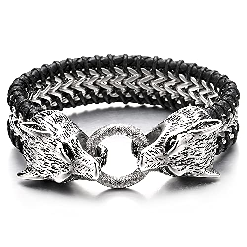 COOLSTEELANDBEYOND Franco Gliederkette Armband Herren aus Edelstahl Verflochtenen Schwarz Leder Doppel Wolfskopf O-Ring Federringverschluss von COOLSTEELANDBEYOND