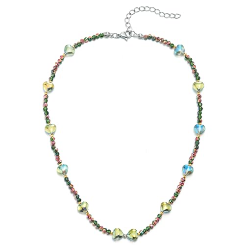 COOLSTEELANDBEYOND Funkeln Perlen Schnur Halskette Glänzende Bunter Kristall Kette Halsband Choker Halskette mit Herz Charme von COOLSTEELANDBEYOND