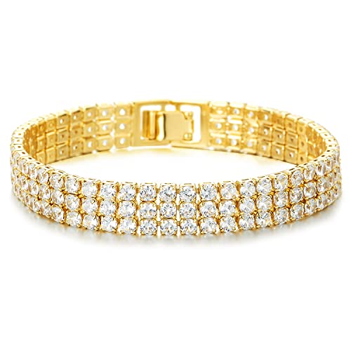 COOLSTEELANDBEYOND Funkelnd Damen Drei Reihen Kristall Strass Cluster Zirkonia Pflastern Pave Goldfarben Armband Bettelarmband von COOLSTEELANDBEYOND