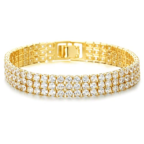 Funkelnd Damen Drei Reihen Kristall Strass Cluster Zirkonia Pflastern Pave Goldfarben Armband Bettelarmband von COOLSTEELANDBEYOND