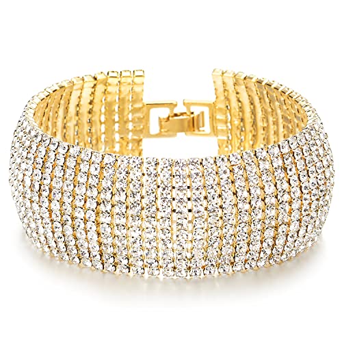 COOLSTEELANDBEYOND Funkelnd Damen Kristall Strass Cluster Breiten Gold Armband Bettelarmband von COOLSTEELANDBEYOND