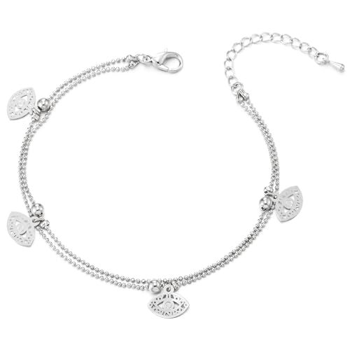 COOLSTEELANDBEYOND Fußkette mit Bösem Blick Anhänger Silberton für Damen mit Doppelkette und Blattanhängern von COOLSTEELANDBEYOND