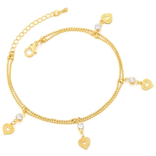 COOLSTEELANDBEYOND Fußkette mit Herzanhänger Goldton für Damen mit Kristallakzenten und Doppelter Perlenkette von COOLSTEELANDBEYOND