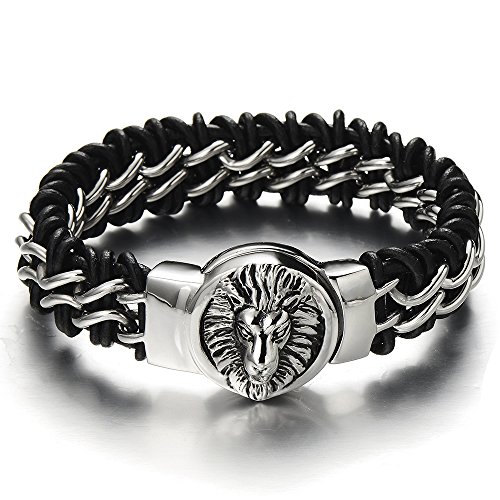 COOLSTEELANDBEYOND Geflochtenes Leder-Armband für Herren mit Edelstahl Löwenkopf und Schwarz Echtes Leder Biker Armband von COOLSTEELANDBEYOND