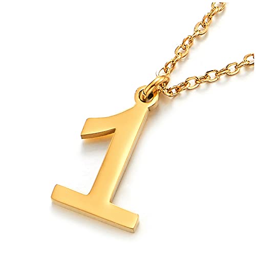 COOLSTEELANDBEYOND Gold Arabische Ziffern Number 1 Anhänger Edelstah Halskette für Damen Herren, Verstellbare Stahl Seil-Kette von COOLSTEELANDBEYOND