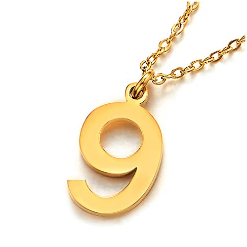 COOLSTEELANDBEYOND Gold Arabische Ziffern Number 9 Anhänger Edelstah Halskette für Damen Herren, Verstellbare Stahl Seil-Kette von COOLSTEELANDBEYOND