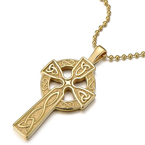 COOLSTEELANDBEYOND Gold Farbe Keltisches Kreuz-Anhänger Edelstahlkette für Herren Damen mit 60cm Stahl Kugelkette von COOLSTEELANDBEYOND