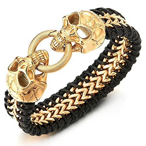 COOLSTEELANDBEYOND Gold Quadrat Franco Link Kette Armband Edelstahl Geflochtenes Lederund Schwarz Leder Schädel Federringverschluss von COOLSTEELANDBEYOND