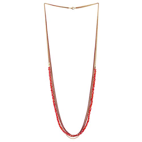 COOLSTEELANDBEYOND Gold Rot Statement Halskette Multi-Schichten Lange Kette mit Rot Kristall Perlen Schnur Anhänger Abendkleid von COOLSTEELANDBEYOND