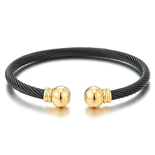 COOLSTEELANDBEYOND Gold Schwarz Elastische Verstellbare-Edelstahl Armband für Herren Damen Verdrehten Stahlkabel Armreif Poliert von COOLSTEELANDBEYOND