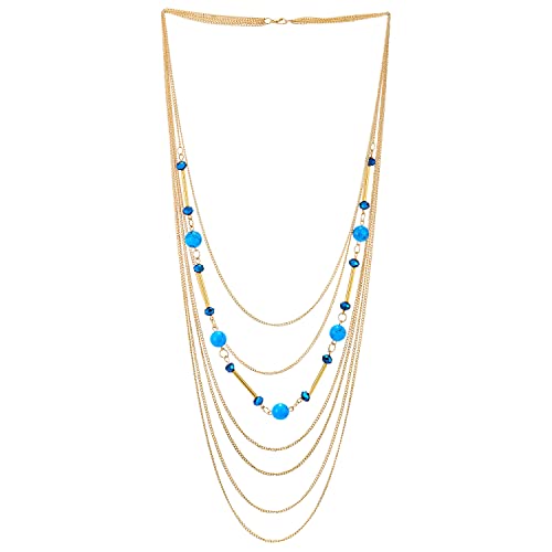 COOLSTEELANDBEYOND Gold Statement Halskette Multi-Schichten Wasserfall Lange Kette mit Blau Kristall, Synthetischen Türkis Wulst von COOLSTEELANDBEYOND