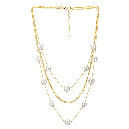 COOLSTEELANDBEYOND Gold Statement Halsketten DREI Stränge Lange Kette Rolo Gliederkette mit Synthetischen Weiß Perle Wulst, Elegante von COOLSTEELANDBEYOND
