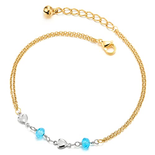 COOLSTEELANDBEYOND Gold Zweireihige Damen Gliederkette Fußkette Fußkettchen mit Herz Charms und Blau Kristall Wulst, Verstellbare von COOLSTEELANDBEYOND