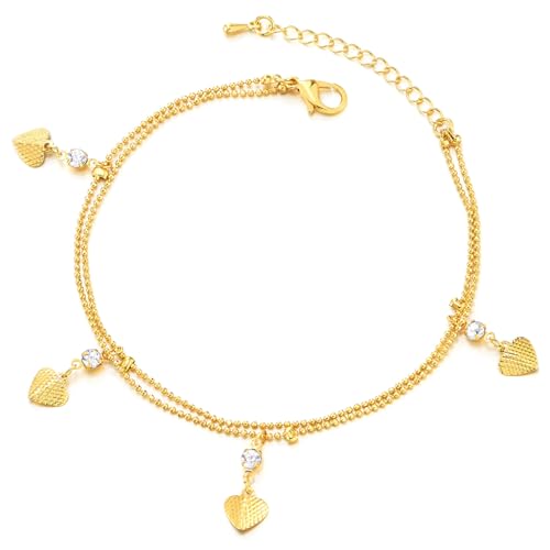 COOLSTEELANDBEYOND Goldene Herz-Fußkette für Damen mit Funkelnden Kristallen und Doppelkette von COOLSTEELANDBEYOND