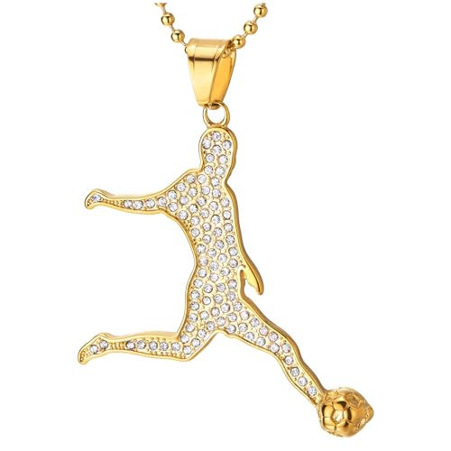 COOLSTEELANDBEYOND Goldener Fußballspieler Anhänger für Herren, Edelstahl Halskette Figur mit Strass, Sportlicher Bling Kettenstil von COOLSTEELANDBEYOND