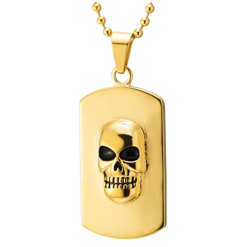 COOLSTEELANDBEYOND Goldener Totenkopf-Dog Tag Anhänger-Halskette für Herren Edelstahl 3D-Erhabener Schädel Poliertes Finish von COOLSTEELANDBEYOND