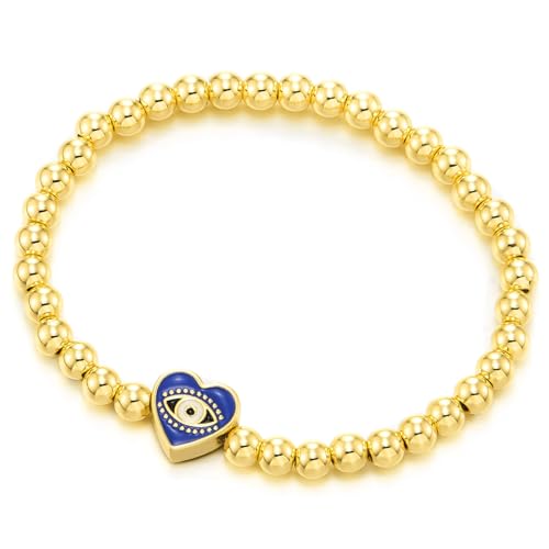 COOLSTEELANDBEYOND Goldenes Perlen-Stretcharmband für Damen mit Blauem Herz Böser Blick Charm Zart Schützendes Stapelarmband von COOLSTEELANDBEYOND