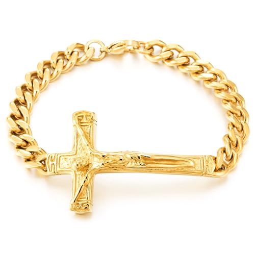 COOLSTEELANDBEYOND Goldenes Stahl-Panzerketten-Armband für Herren mit 3D-Kruzifix Kreuz Religiöses Christliches Gliederarmband von COOLSTEELANDBEYOND