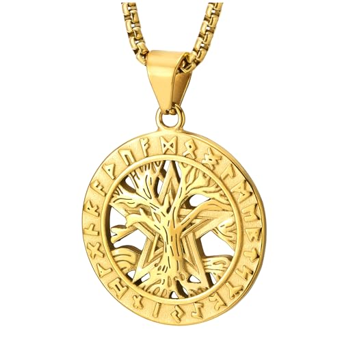 COOLSTEELANDBEYOND Goldfarben Baum von Lebens Pentagramm Wicca Symbol Medaille Kreis Anhänger, Herren Damen Edelstahl Halskette von COOLSTEELANDBEYOND