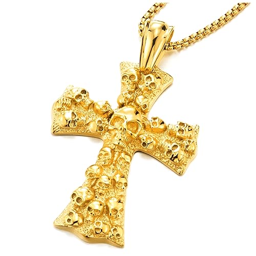 COOLSTEELANDBEYOND Goldfarben Edelstahl Großes Gotik Vintage Schädel Kreuz Anhänger Halskette für Herren mit 75cm Weizen-Kette von COOLSTEELANDBEYOND