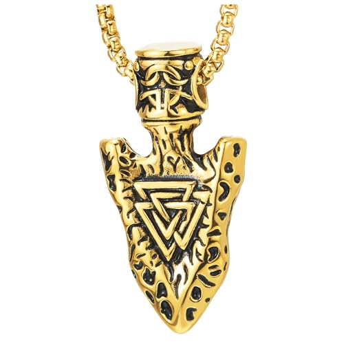 COOLSTEELANDBEYOND Goldfarben Edelstahl ODIN'S Speer Nordischer Wikinger Dreieck Runen Anhänger Halskette, Herren Damen, 70cm Weizen-Kette von COOLSTEELANDBEYOND