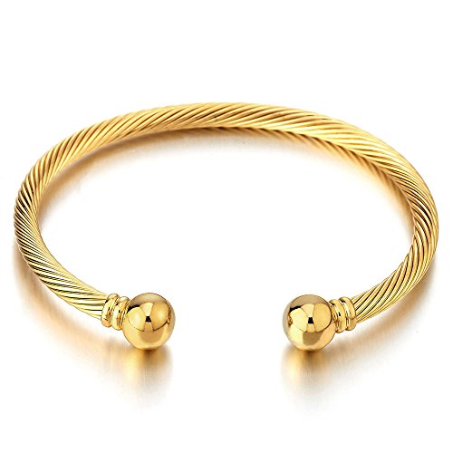 COOLSTEELANDBEYOND Goldfarben Elastische Verstellbare-Edelstahl Armband für Herren Damen Verdrehten Stahlkabel Armreif Poliert von COOLSTEELANDBEYOND