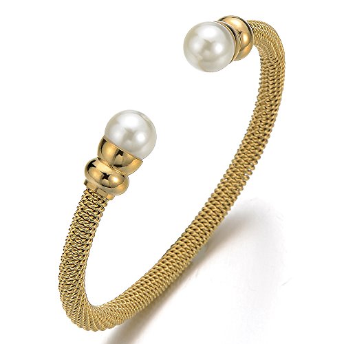 COOLSTEELANDBEYOND Goldfarben Elastische Verstellbare Edelstahl Damen-Armband Verdrehten Stahlkabel Armreif mit Synthetische Perle von COOLSTEELANDBEYOND