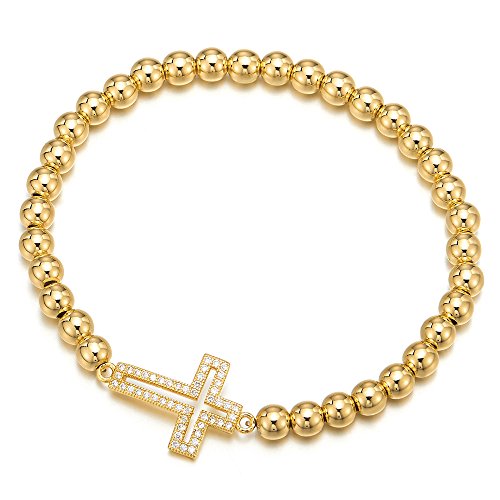 COOLSTEELANDBEYOND Goldfarben Funkelnden Damen Mädchen Perlen-Armband mit Zirkonia Horizontalen Seite Kreuz von COOLSTEELANDBEYOND