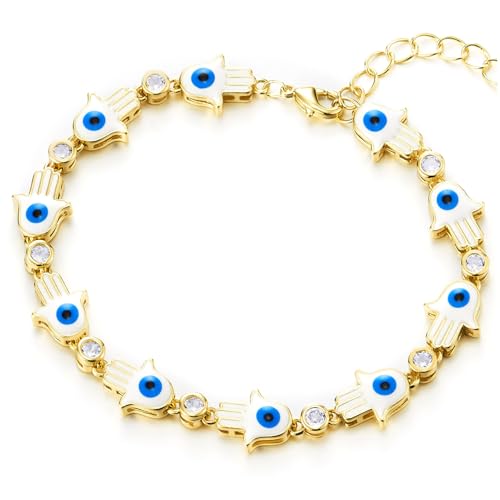 COOLSTEELANDBEYOND Goldfarben Hamsa Hand Armband mit Blau Bösen Blick Gliederkette Armband mit Zirkonia, Verstellbare von COOLSTEELANDBEYOND